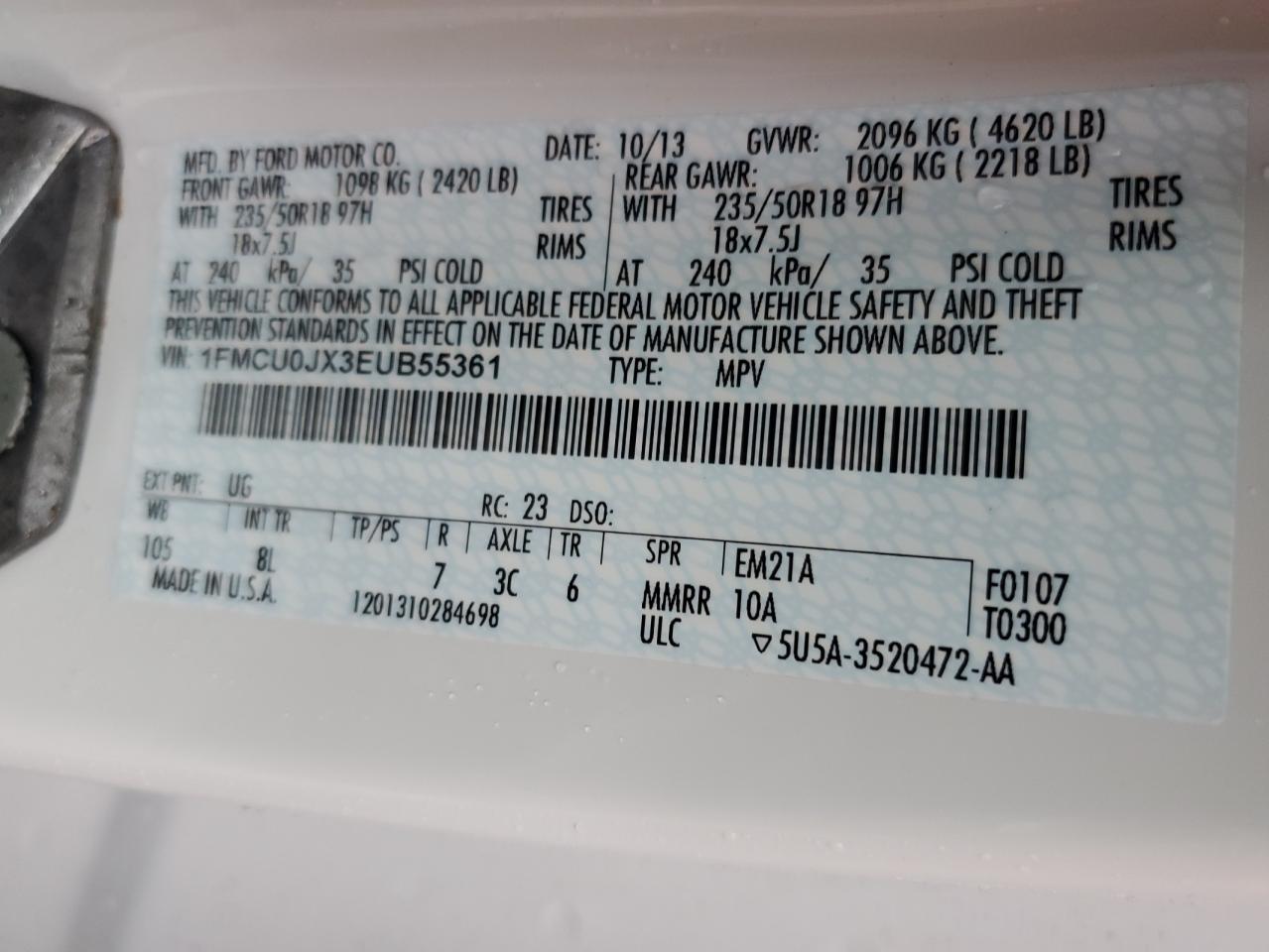 2014 Ford Escape VIN 1FMCU0JX3EUB55361 Copart auction photo, front end / minor dent/scratches damage thumbnail 14