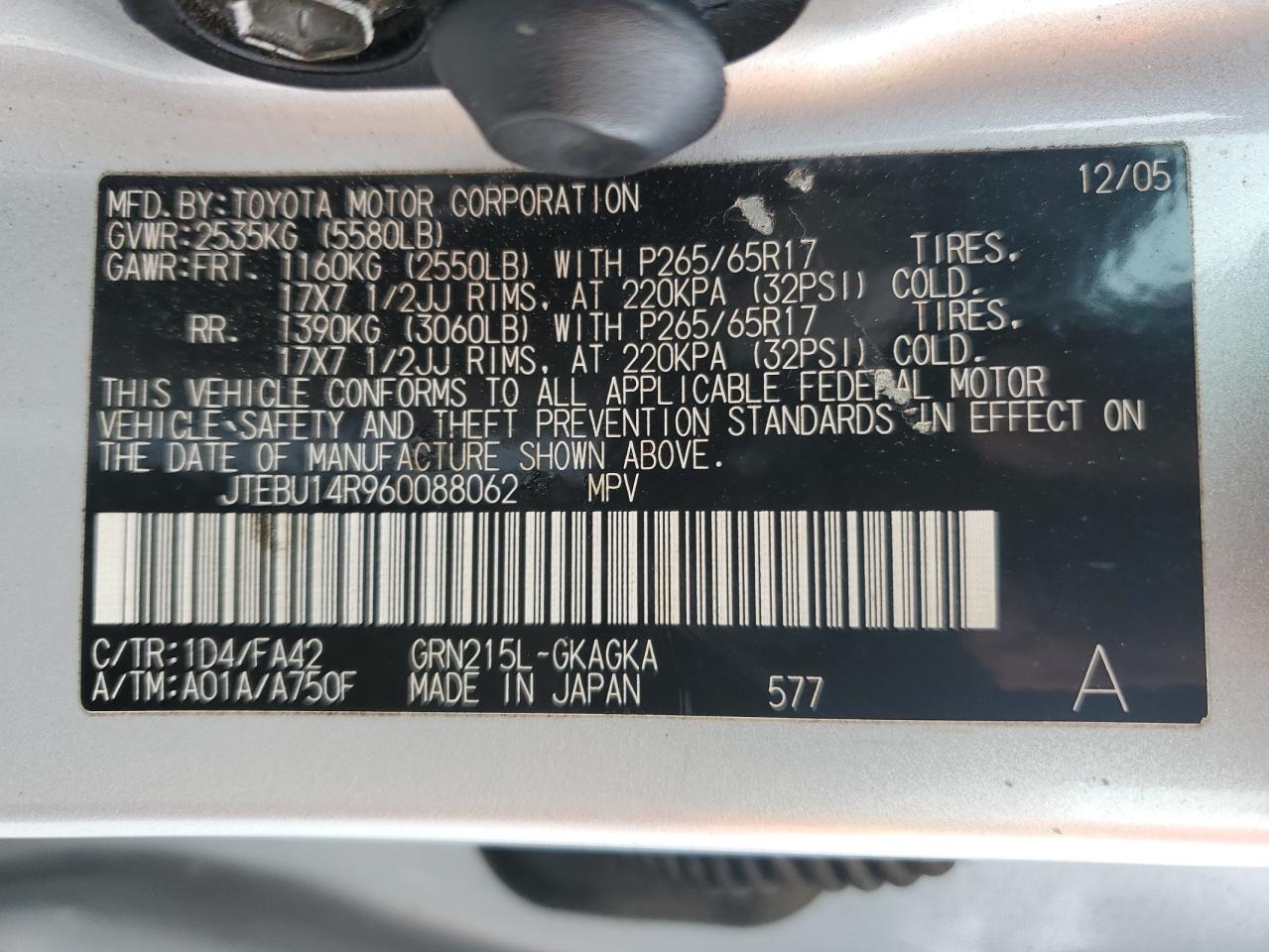 2006 Toyota 4Runner VIN JTEBU14R960088062 Copart auction photo, front end damage thumbnail 14