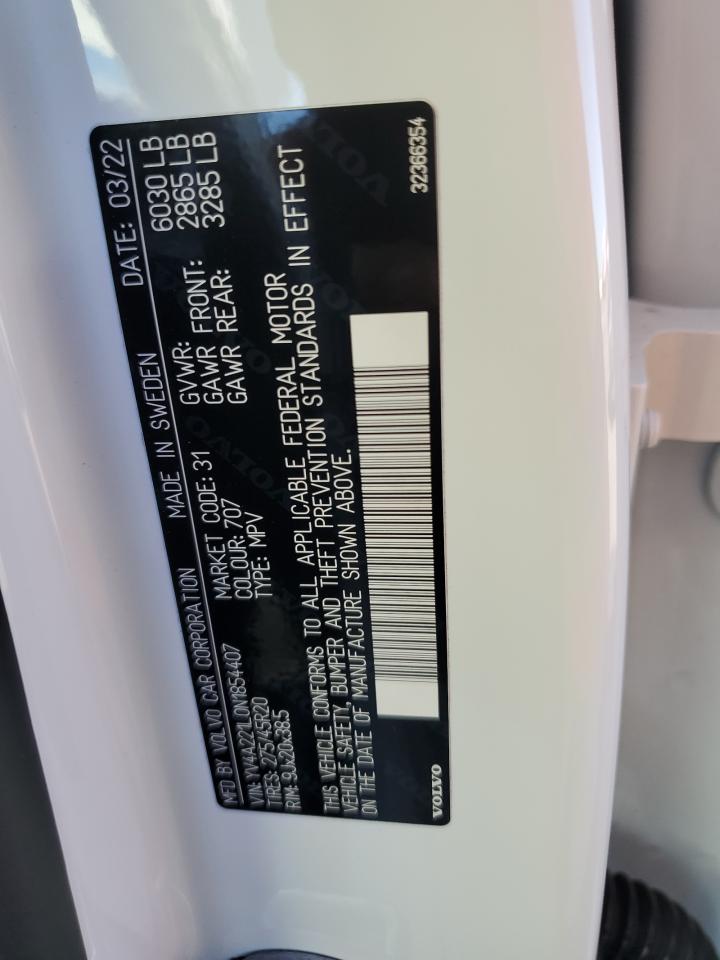 2022 Volvo XC90 VIN YV4A221L0N1854407 Copart auction photo, side / rear end damage thumbnail 15