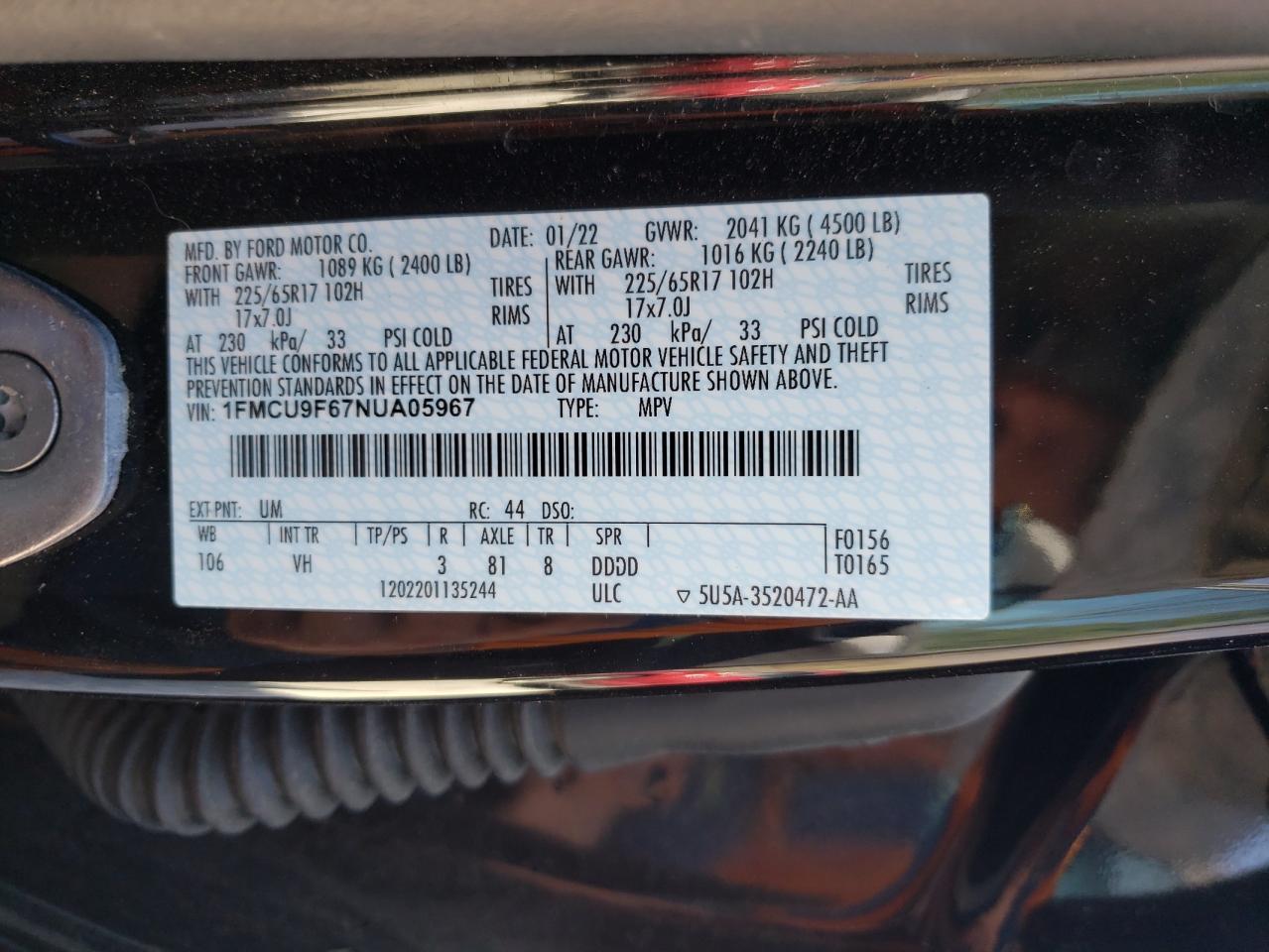 2022 Ford Escape VIN 1FMCU9F67NUA05967 Copart auction photo, rollover damage thumbnail 13