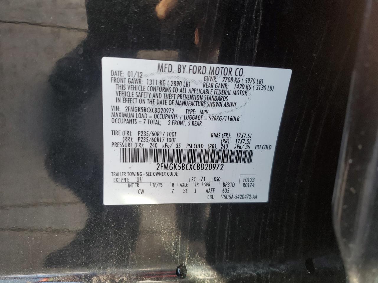 2012 Ford Flex VIN 2FMGK5BCXCBD20972 Copart auction photo, rear end / minor dent/scratches damage thumbnail 13