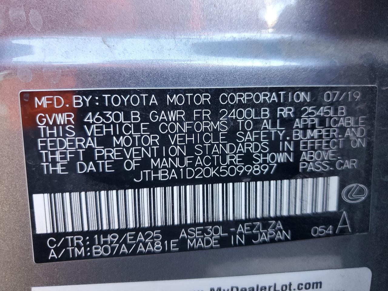 2019 Lexus IS VIN JTHBA1D20K5099897 Copart auction photo, front end / side damage thumbnail 13
