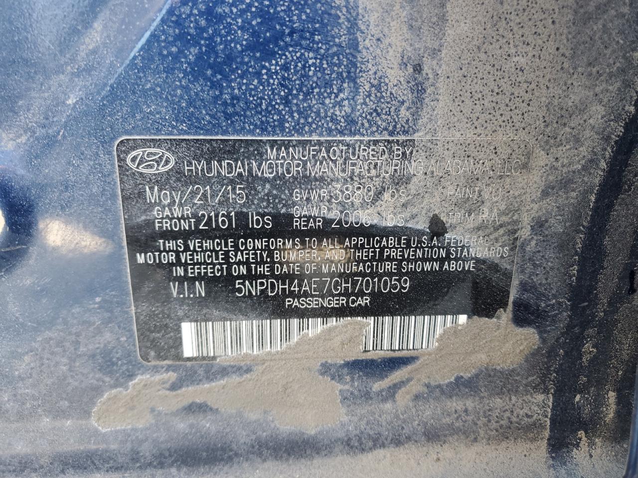 2016 Hyundai Elantra VIN 5NPDH4AE7GH701059 Copart auction photo, mechanical damage thumbnail 12