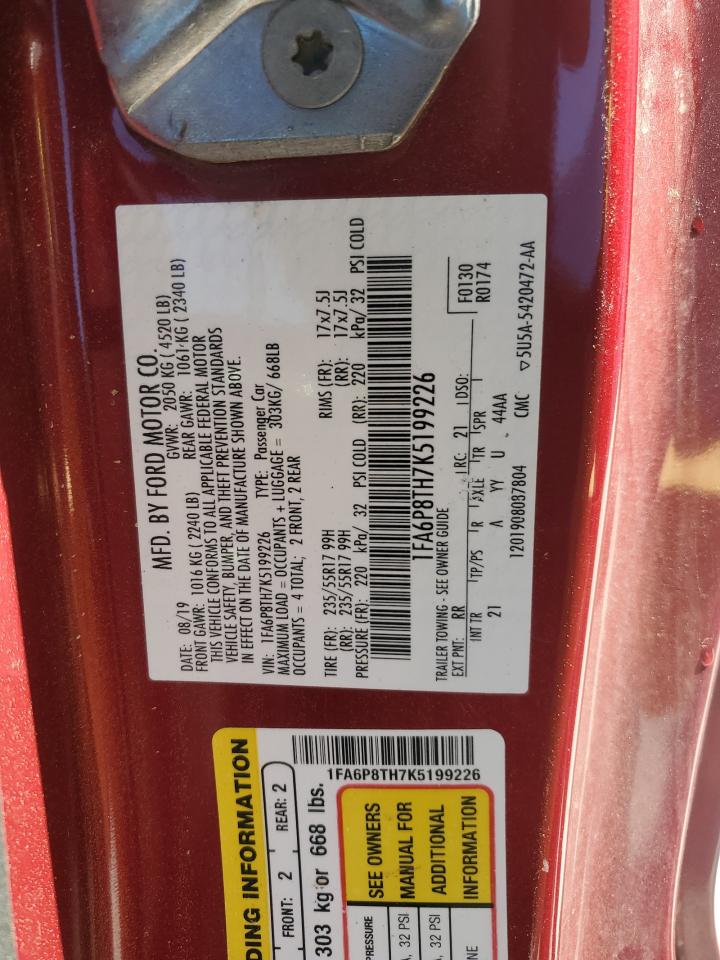 2019 Ford Mustang VIN 1FA6P8TH7K5199226 Copart auction photo, front end / side damage thumbnail 12