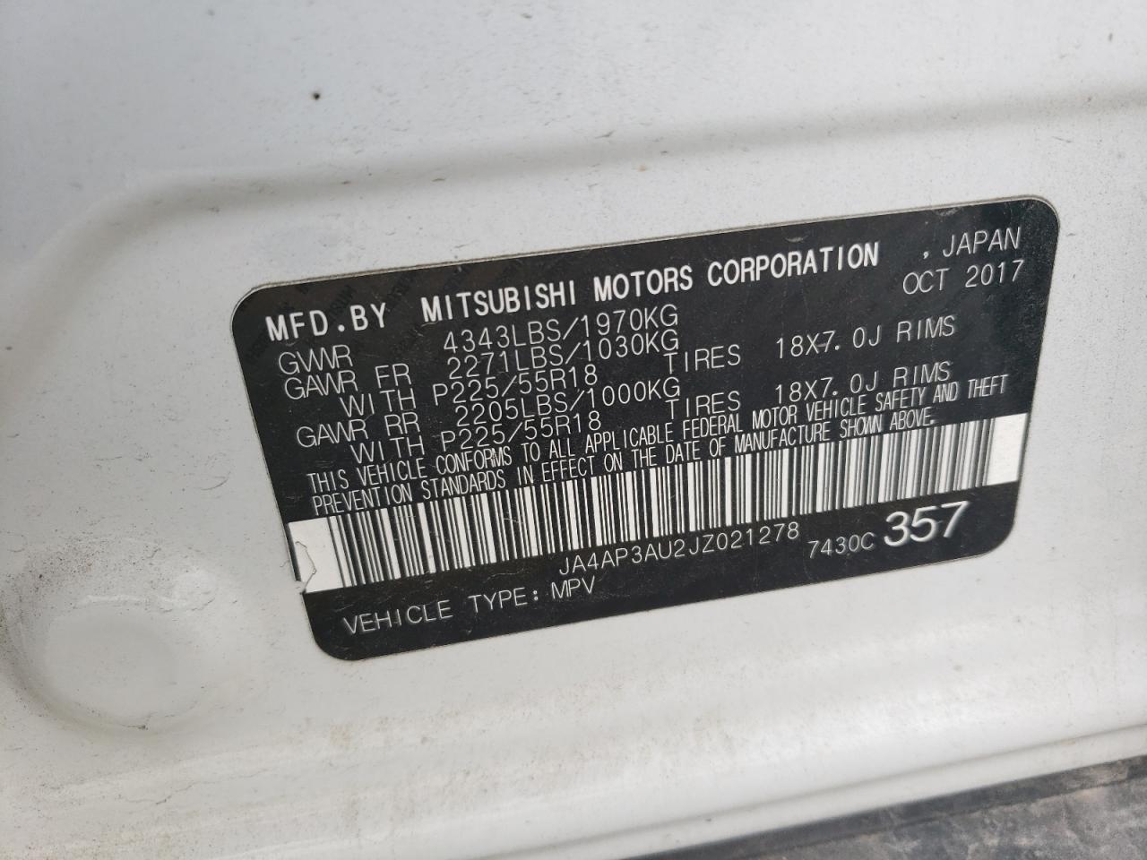 2018 Mitsubishi Outlander VIN JA4AP3AU2JZ021278 Copart auction photo, front end damage thumbnail 13