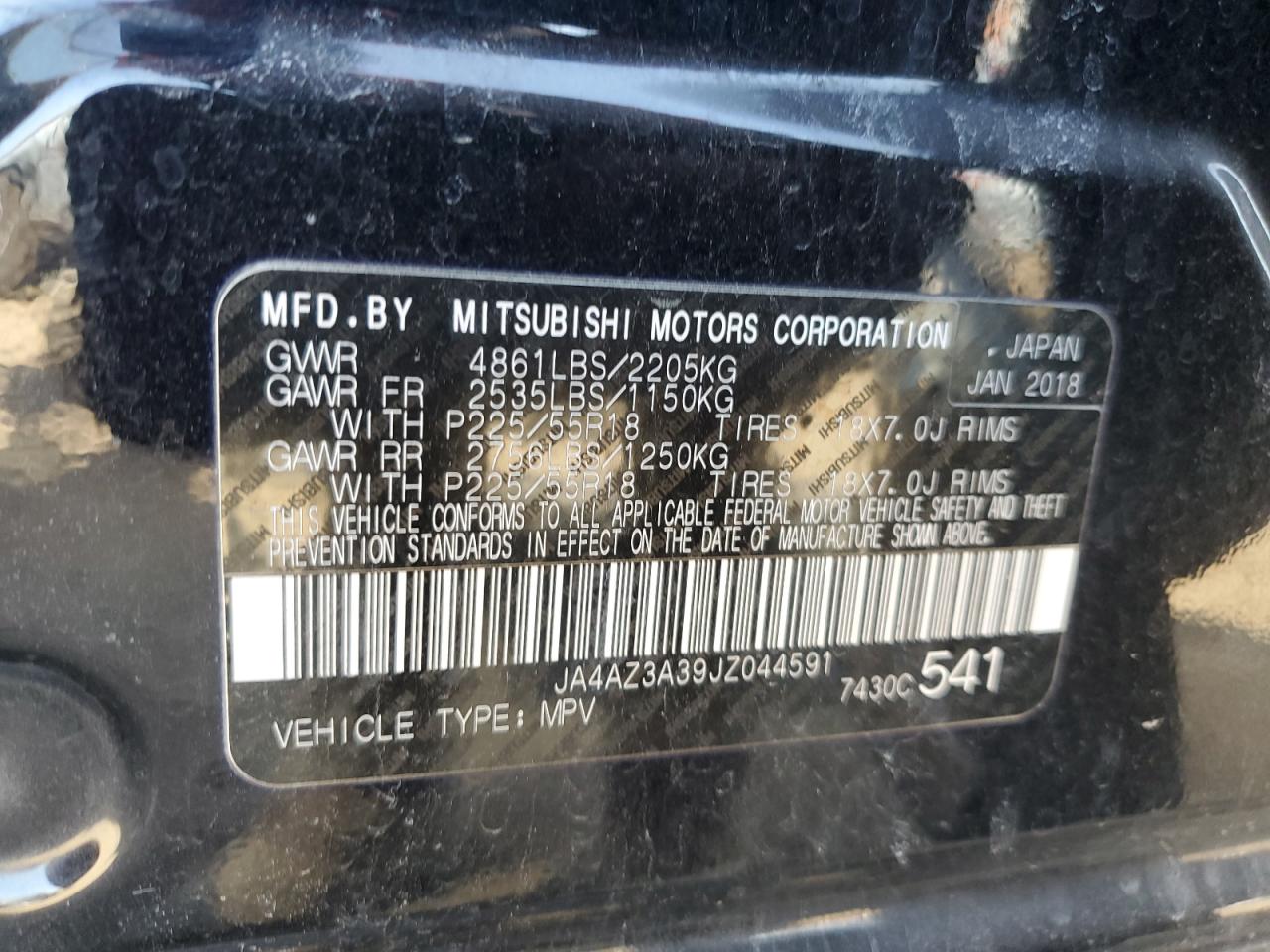 2018 Mitsubishi Outlander VIN JA4AZ3A39JZ044591 Copart auction photo, front end / side damage thumbnail 15