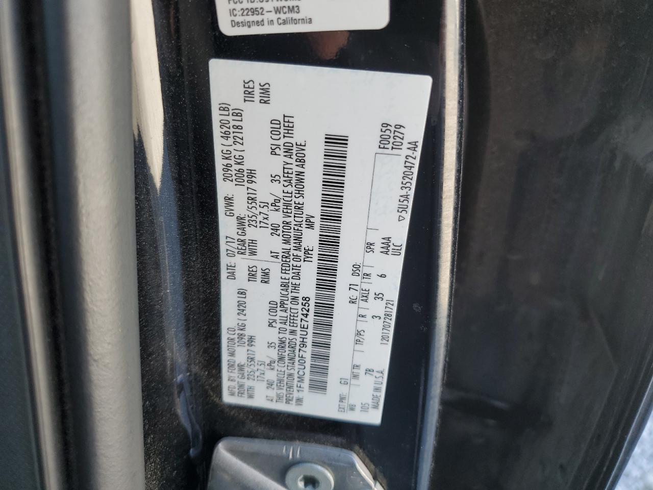 2017 Ford Escape VIN 1FMCU0F79HUE74258 Copart auction photo, all over damage thumbnail 13