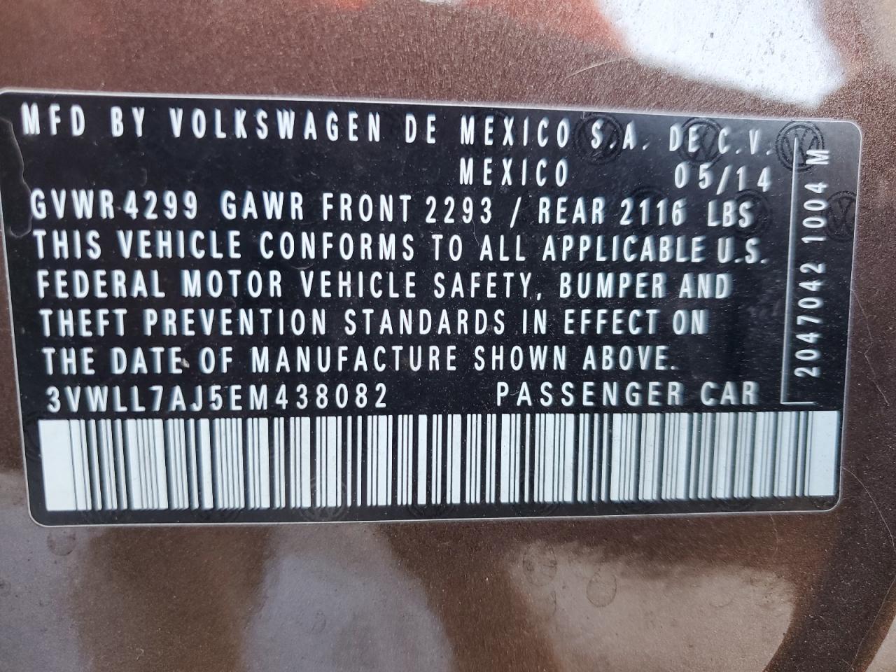 2014 Volkswagen Jetta VIN 3VWLL7AJ5EM438082 Copart auction photo, side / rear end damage thumbnail 14