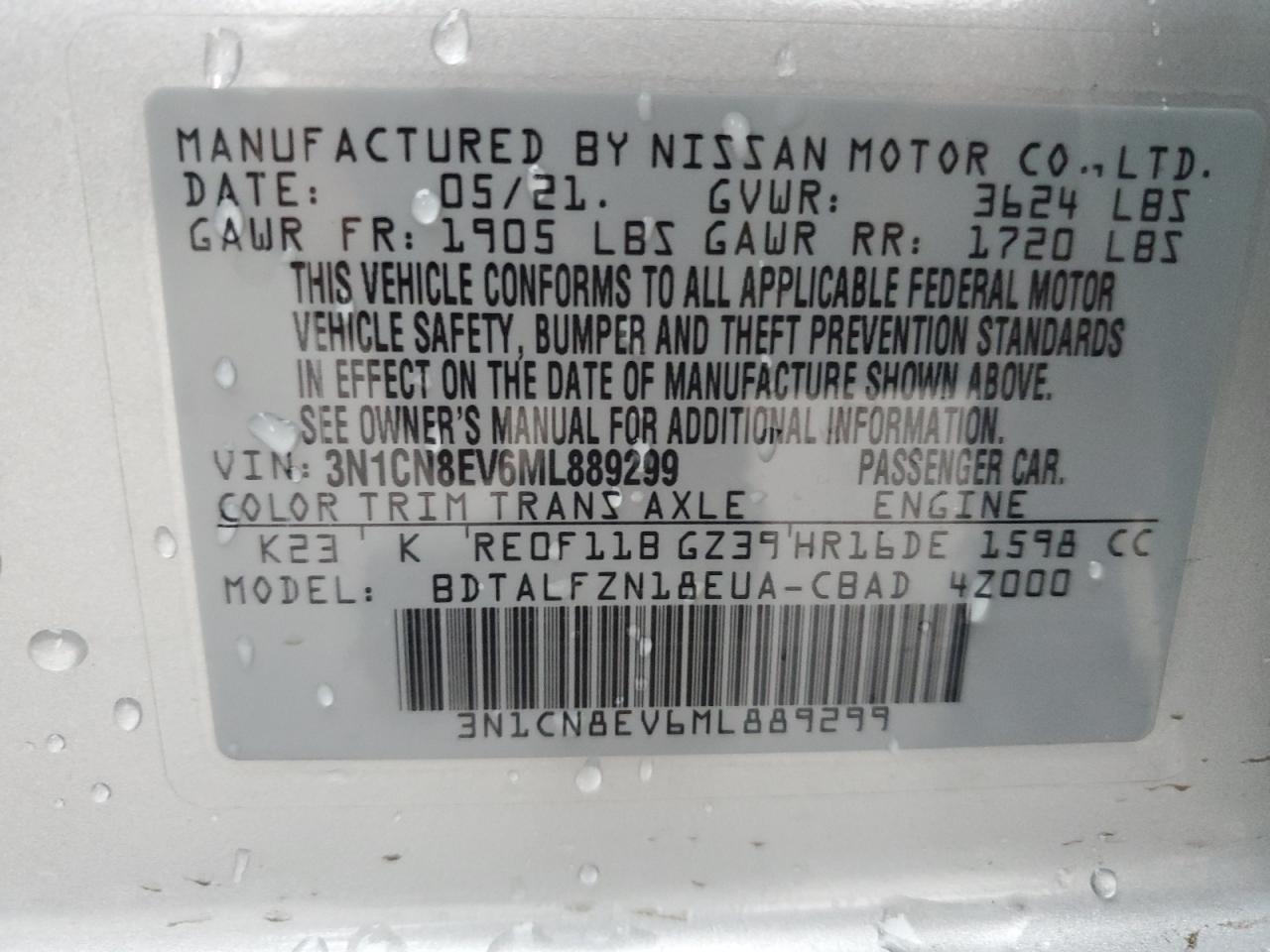 2021 Nissan Versa VIN 3N1CN8EV6ML889299 Copart auction photo, side damage thumbnail 12