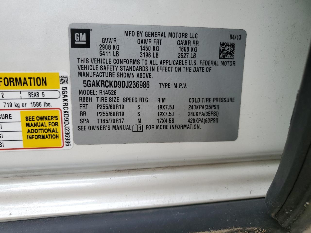 2013 Buick Enclave VIN 5GAKRCKD9DJ236986 Copart auction photo, minor dent/scratches damage thumbnail 12