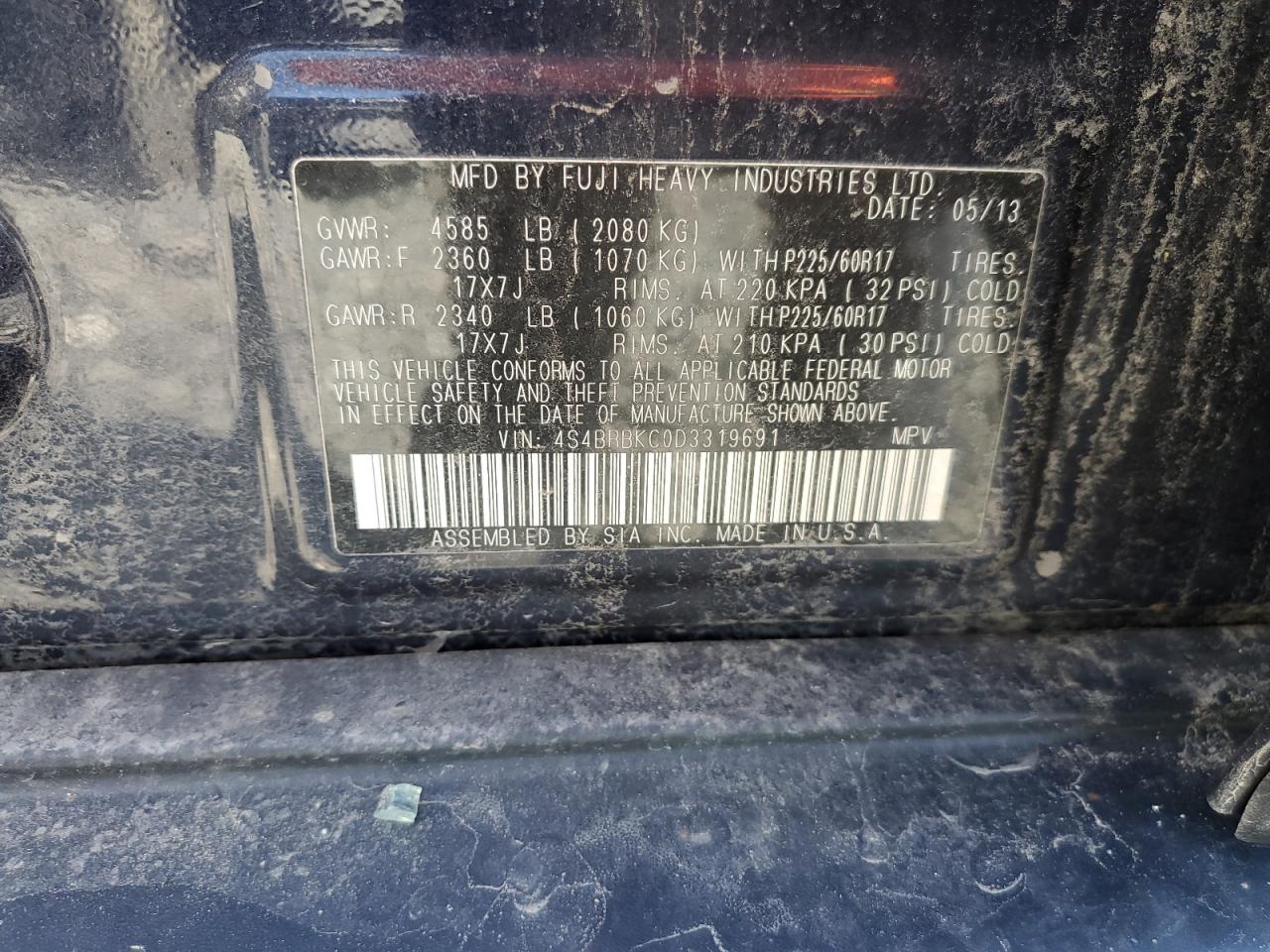 2013 Subaru Outback VIN 4S4BRBKC0D3319691 Copart auction photo, all over damage thumbnail 12