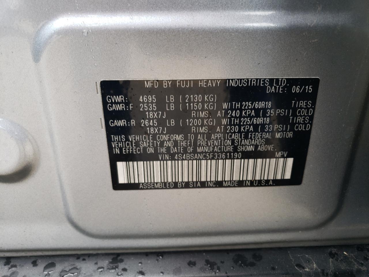 2015 Subaru Outback VIN 4S4BSANC5F3361190 Copart auction photo, front end / frame damage damage thumbnail 13