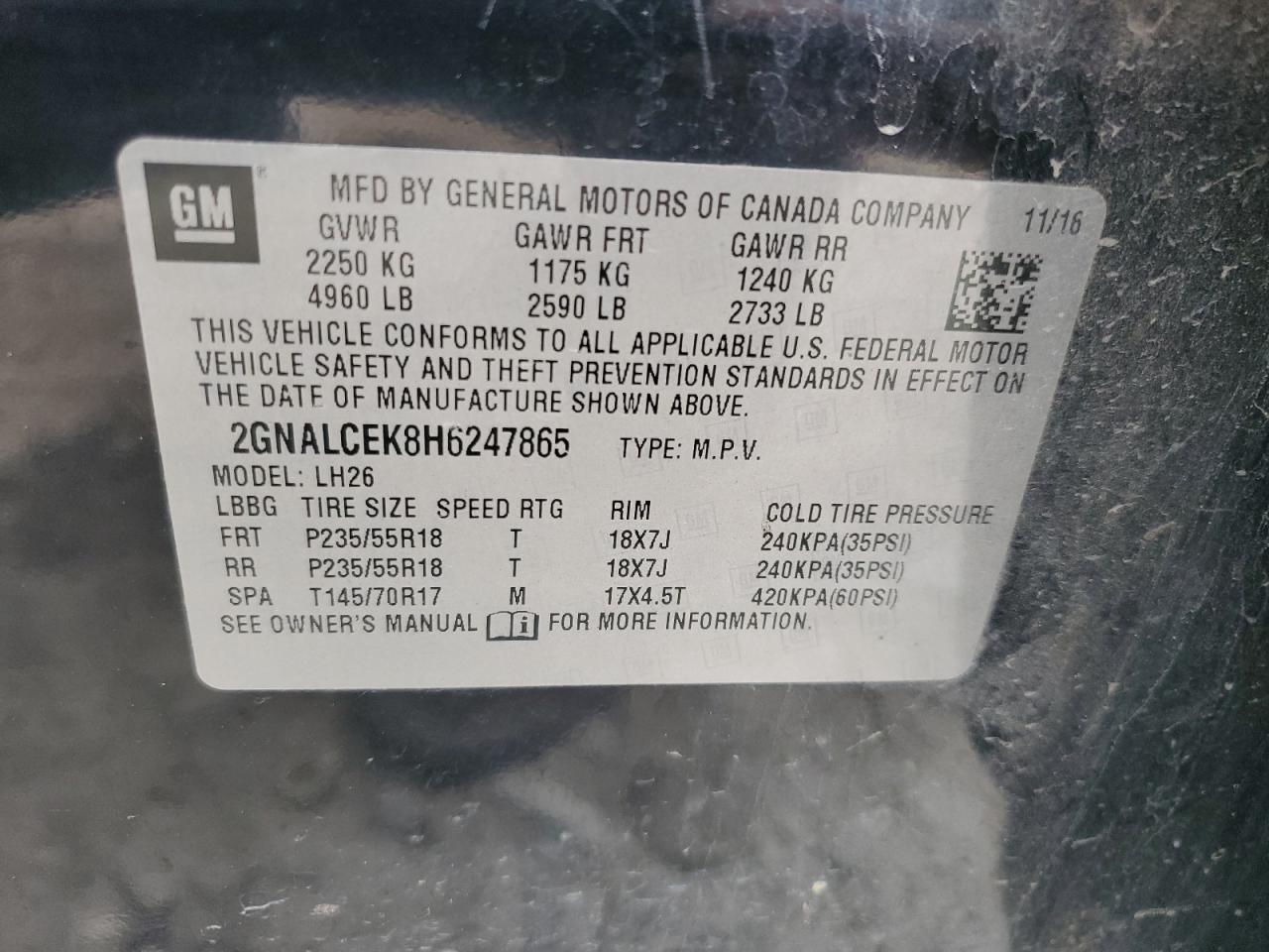 2017 Chevrolet Equinox VIN 2GNALCEK8H6247865 Copart auction photo, all over damage thumbnail 16