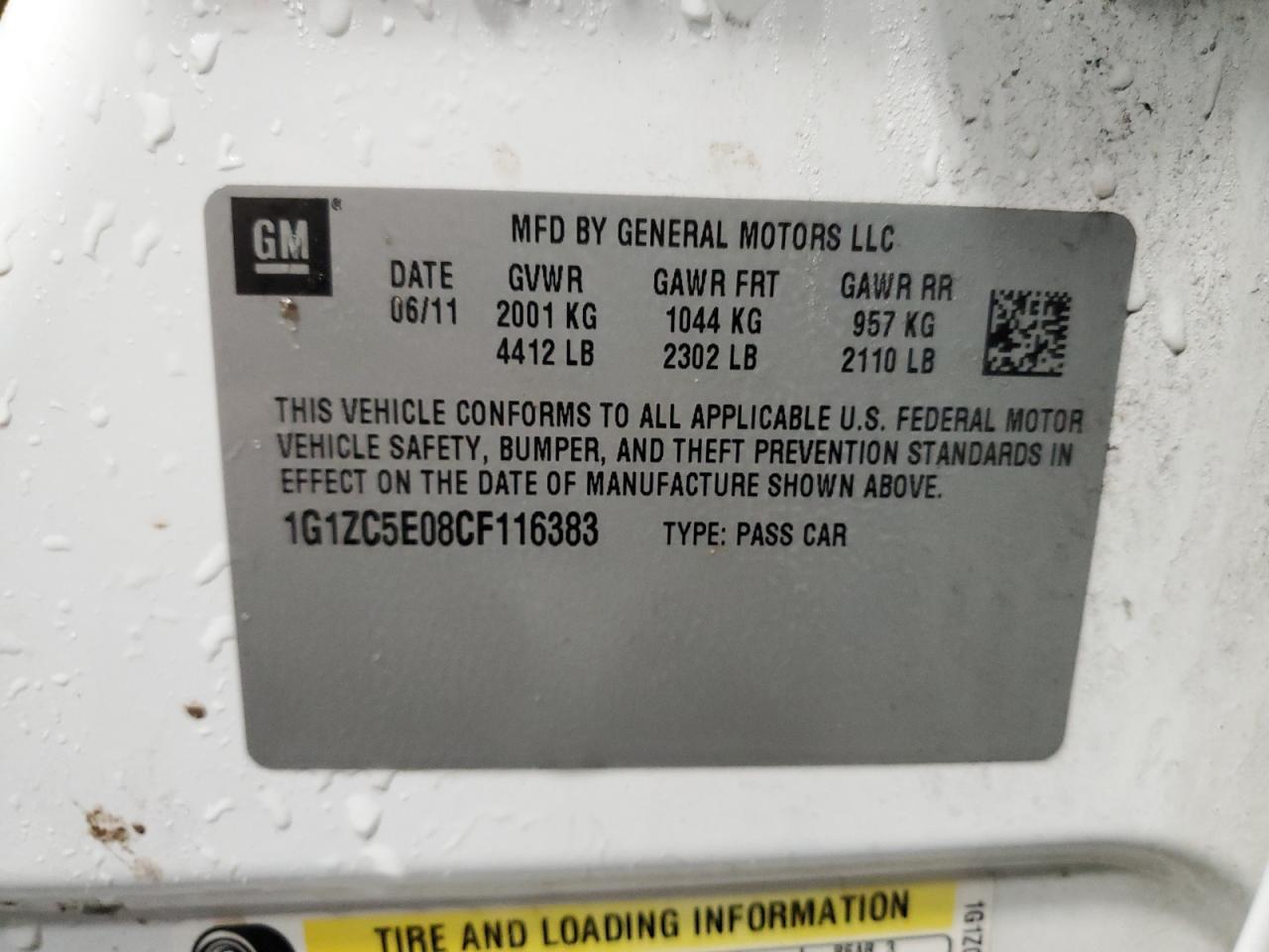 2012 Chevrolet Malibu VIN 1G1ZC5E08CF116383 Copart auction photo, front end / rear end damage thumbnail 12