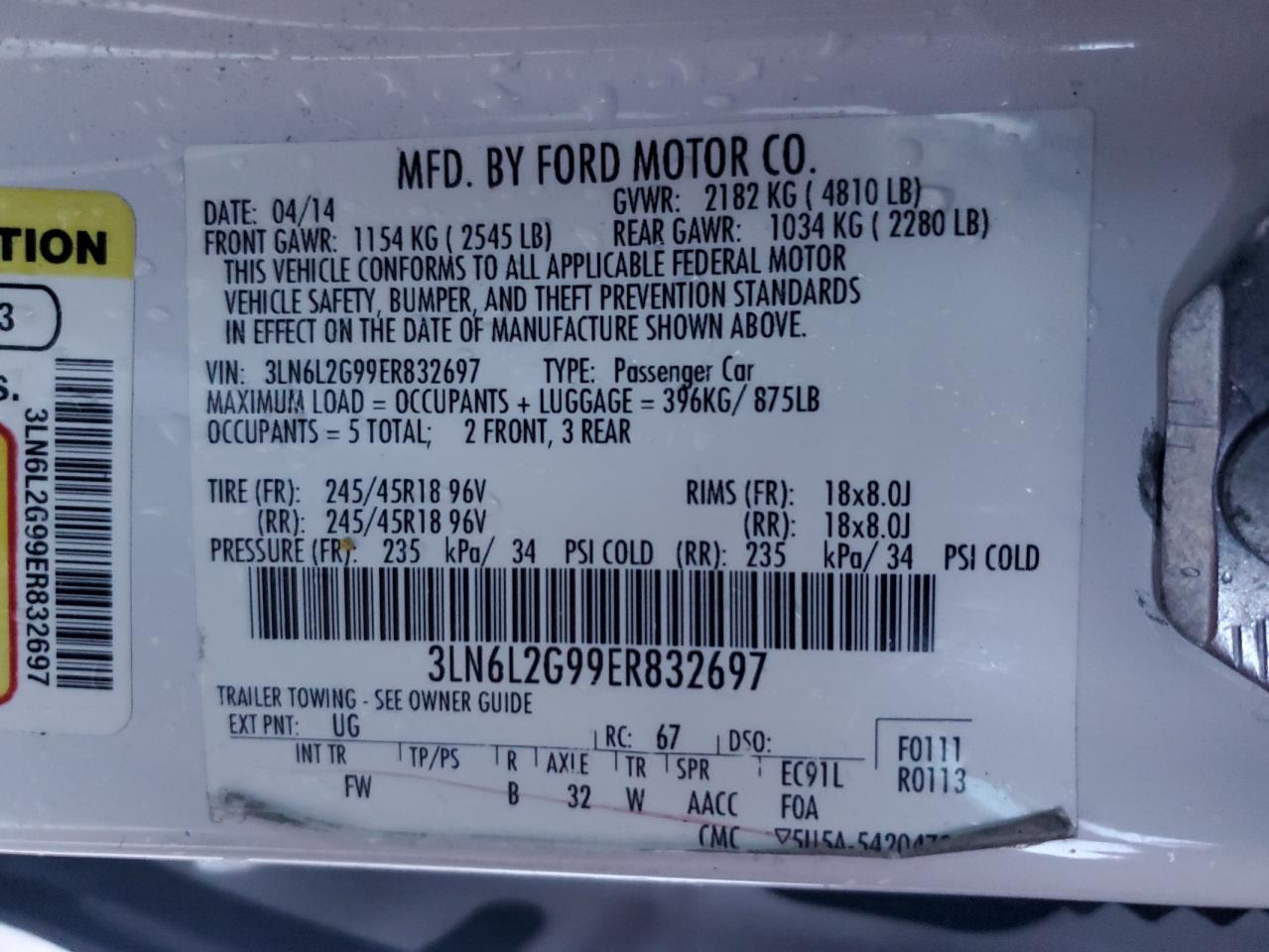 2014 Lincoln MKZ VIN 3LN6L2G99ER832697 Copart auction photo, front end damage thumbnail 13