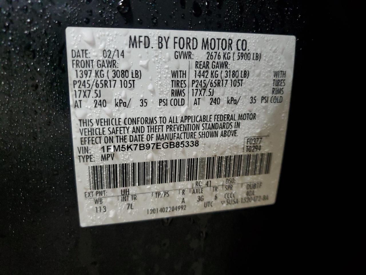 2014 Ford Explorer VIN 1FM5K7B97EGB85338 Copart auction photo, minor dent/scratches damage thumbnail 13