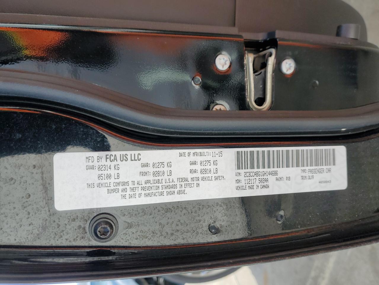 2016 Chrysler 300 VIN 2C3CCABG1GH144686 Copart auction photo, front end damage thumbnail 13