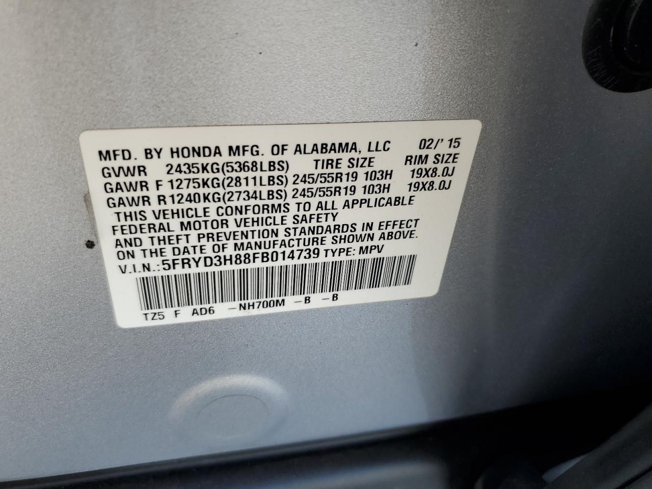 2015 Acura MDX VIN 5FRYD3H88FB014739 Copart auction photo, rear end damage thumbnail 14