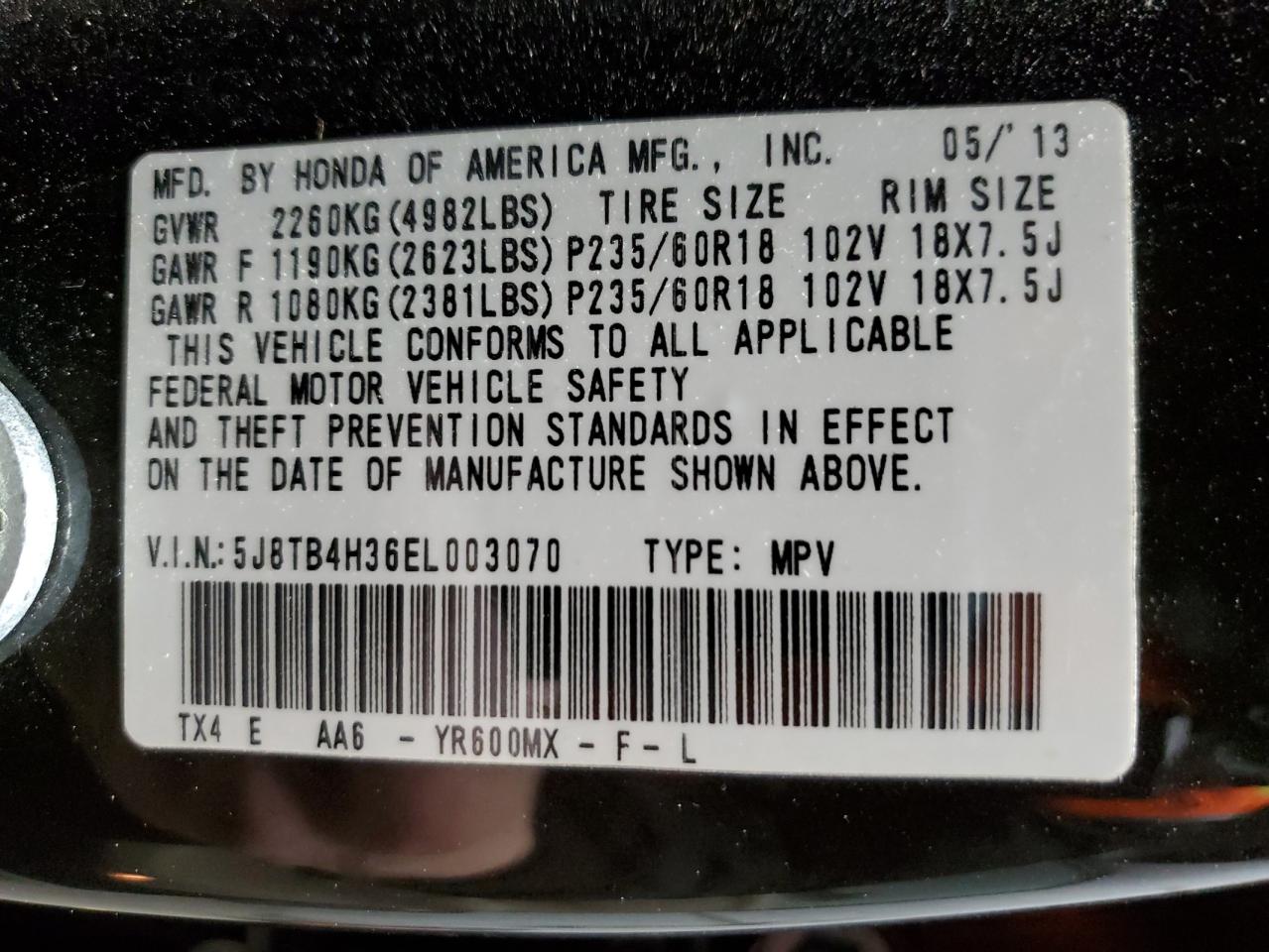 2014 Acura RDX VIN 5J8TB4H36EL003070 Copart auction photo, rear end damage thumbnail 14
