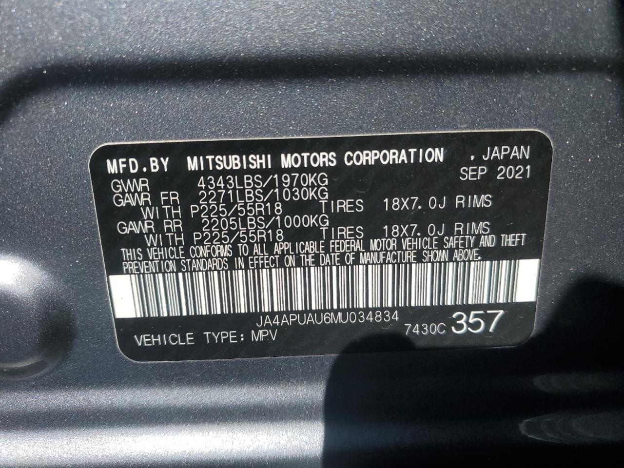 2021 Mitsubishi Outlander VIN JA4APUAU6MU034834 Copart auction photo, front end damage thumbnail 14