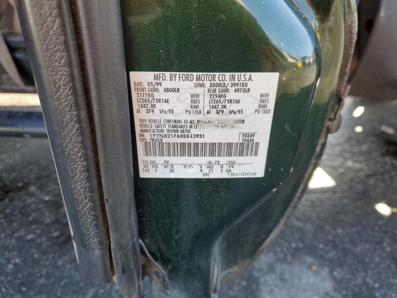 1999 Ford F250 VIN 1FTNX21F6XEE43931 Copart auction photo, mechanical / side damage thumbnail 14