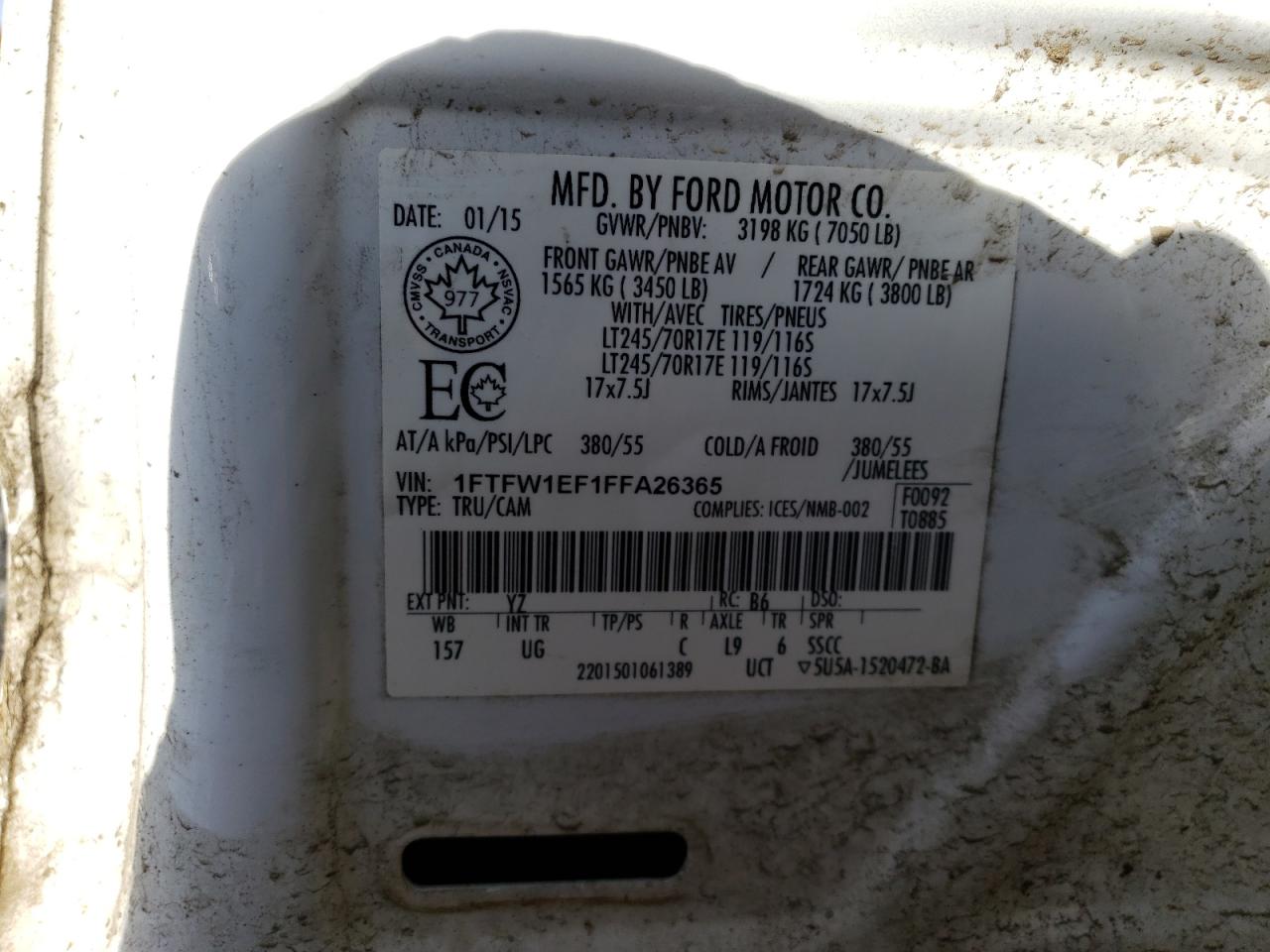2015 Ford F-150 VIN 1FTFW1EF1FFA26365 Copart auction photo, top/roof / side damage thumbnail 14