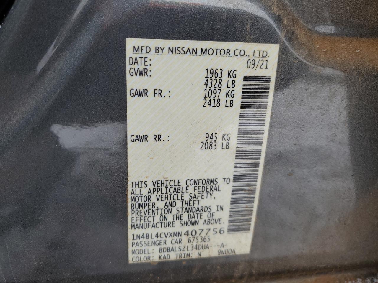 2021 Nissan Altima VIN 1N4BL4CVXMN407756 Copart auction photo, rear end damage thumbnail 14