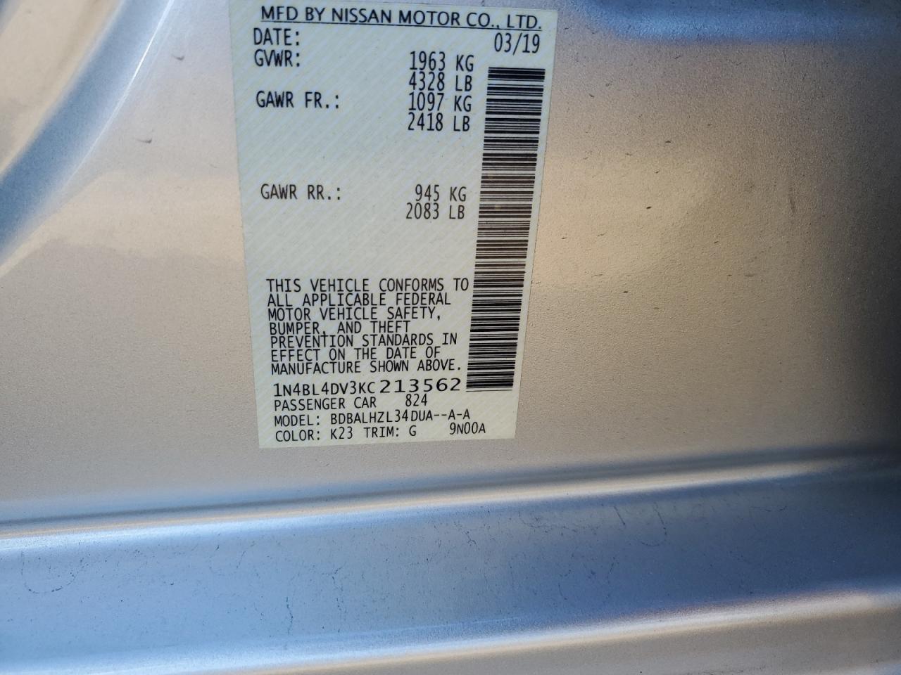2019 Nissan Altima VIN 1N4BL4DV3KC213562 Copart auction photo, side / rear end damage thumbnail 14