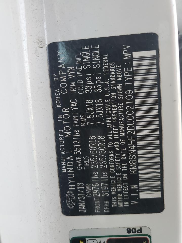 2013 Hyundai Santa Fe VIN KM8SN4HF2DU002109 Copart auction photo, rear end / side damage thumbnail 15