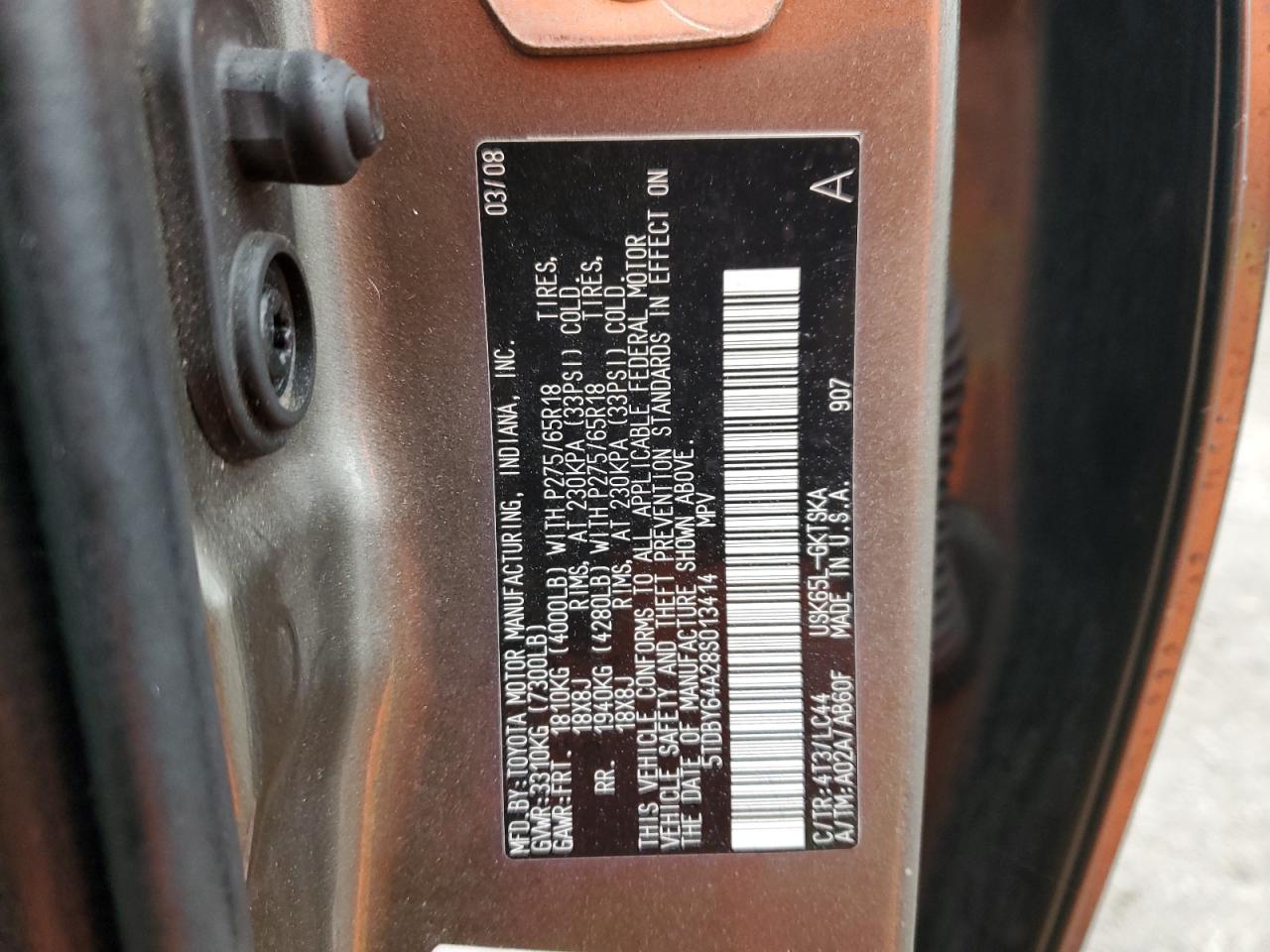 2008 Toyota Sequoia VIN 5TDBY64A28S013414 Copart auction photo, rear end / front end damage thumbnail 13