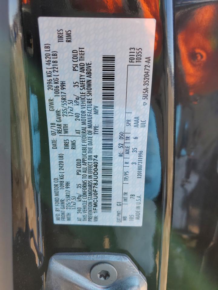 2018 Ford Escape VIN 1FMCU0F78JUD04074 Copart auction photo, rear end / minor dent/scratches damage thumbnail 13