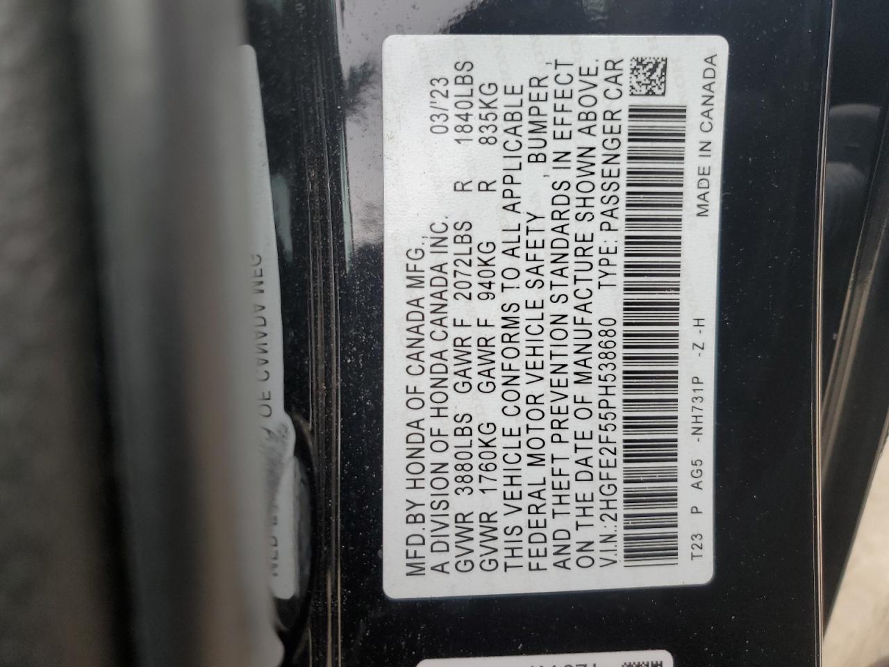 2023 Honda Civic VIN 2HGFE2F55PH538680 Copart auction photo, front end damage thumbnail 12