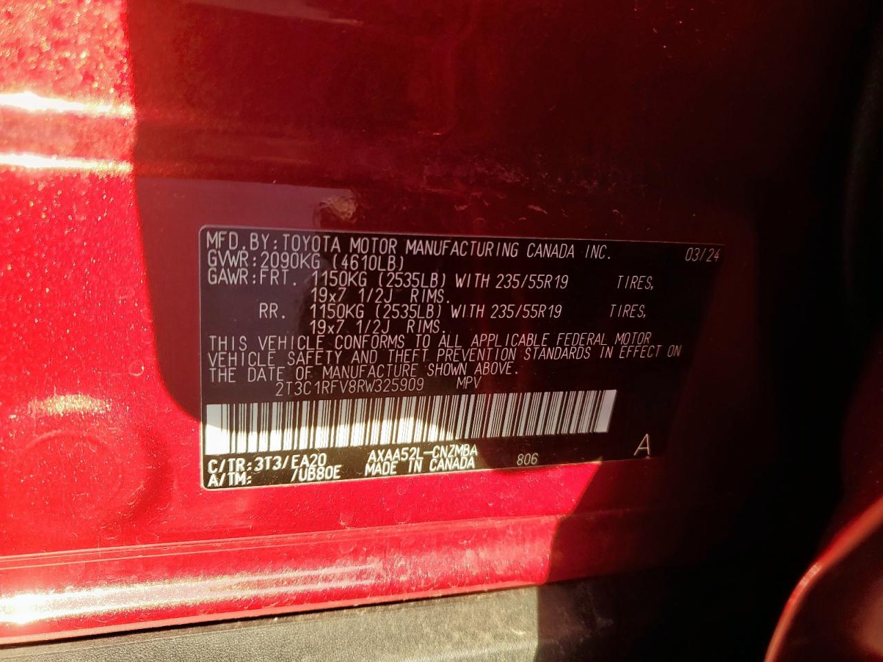 2024 Toyota RAV 4 VIN 2T3C1RFV8RW325909 Copart auction photo, front end / rear end damage thumbnail 13