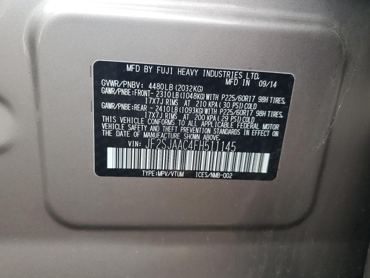 2015 Subaru Forester VIN JF2SJAAC4FH511145 Copart auction photo, normal wear damage thumbnail 12