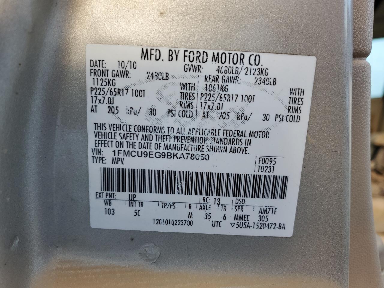 2011 Ford Escape VIN 1FMCU9EG9BKA78050 Copart auction photo, water/flood damage thumbnail 13