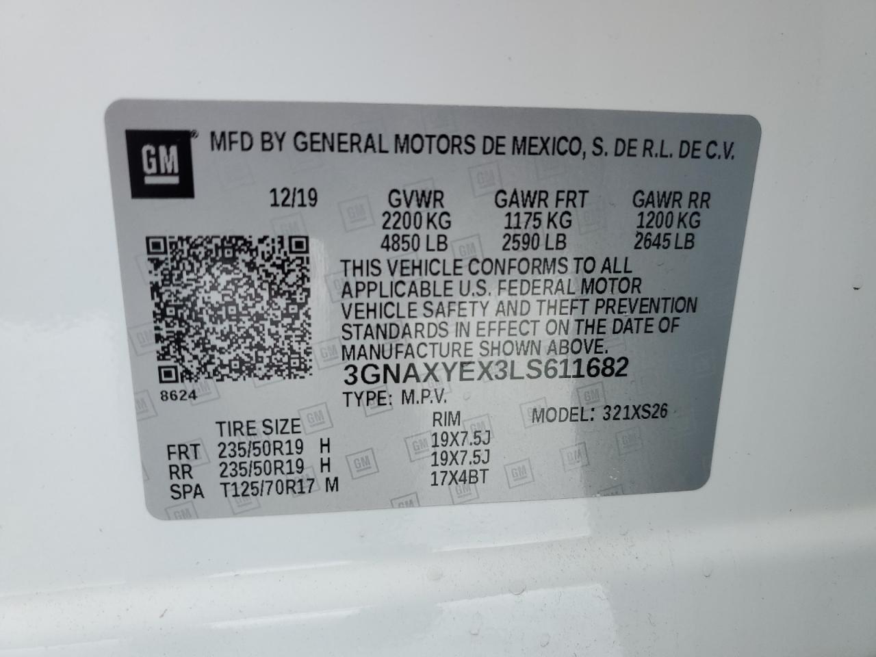 2020 Chevrolet Equinox VIN 3GNAXYEX3LS611682 Copart auction photo, rear end damage thumbnail 14