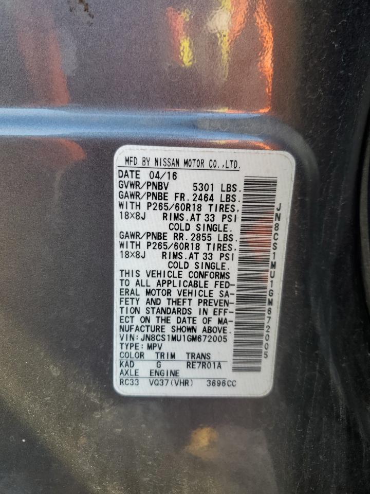 2016 Infiniti QX70 VIN JN8CS1MU1GM672005 Copart auction photo, front end / all over damage thumbnail 13