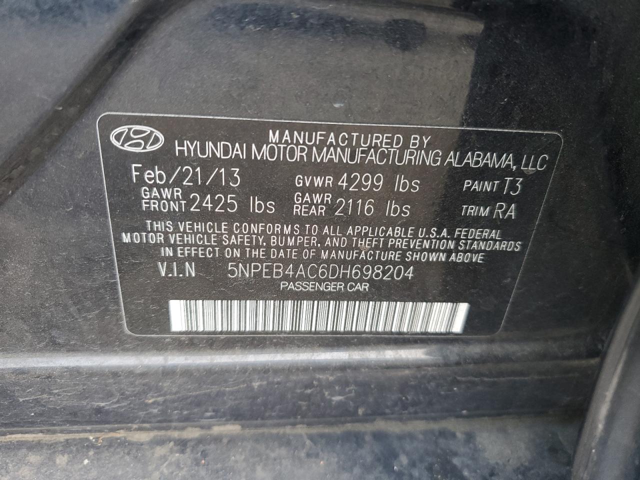 2013 Hyundai Sonata VIN 5NPEB4AC6DH698204 Copart auction photo, vandalism damage thumbnail 12
