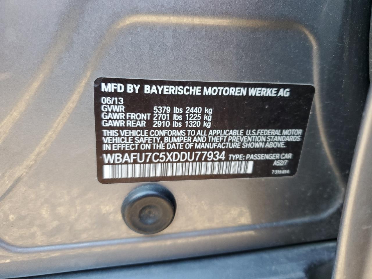 2013 BMW 5er VIN WBAFU7C5XDDU77934 Copart auction photo, front end / mechanical damage thumbnail 12