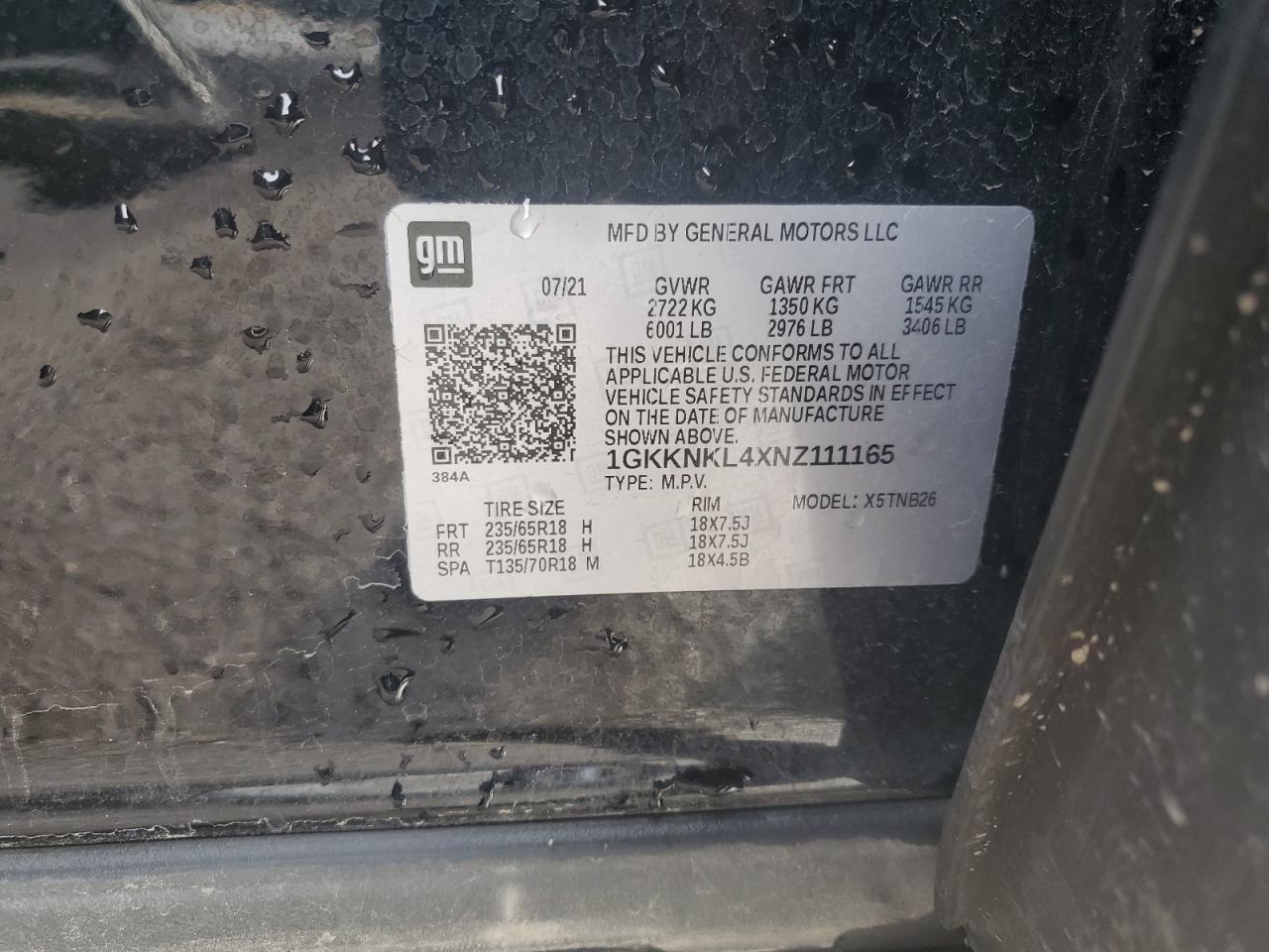 2022 GMC Acadia VIN 1GKKNKL4XNZ111165 Copart auction photo, front end damage thumbnail 13
