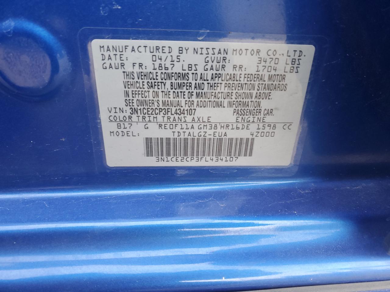2015 Nissan Versa VIN 3N1CE2CP3FL434107 Copart auction photo, front end damage thumbnail 14