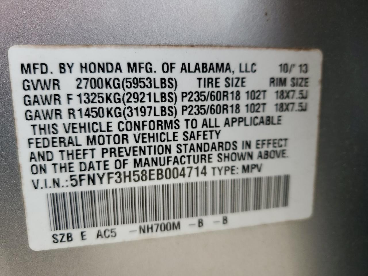 2014 Honda Pilot VIN 5FNYF3H58EB004714 Copart auction photo, front end / minor dent/scratches damage thumbnail 13