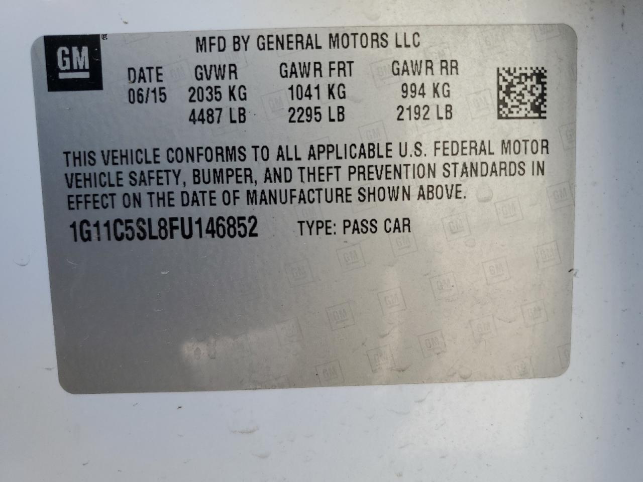 2015 Chevrolet Malibu VIN 1G11C5SL8FU146852 Copart auction photo, front end / rear end damage thumbnail 12
