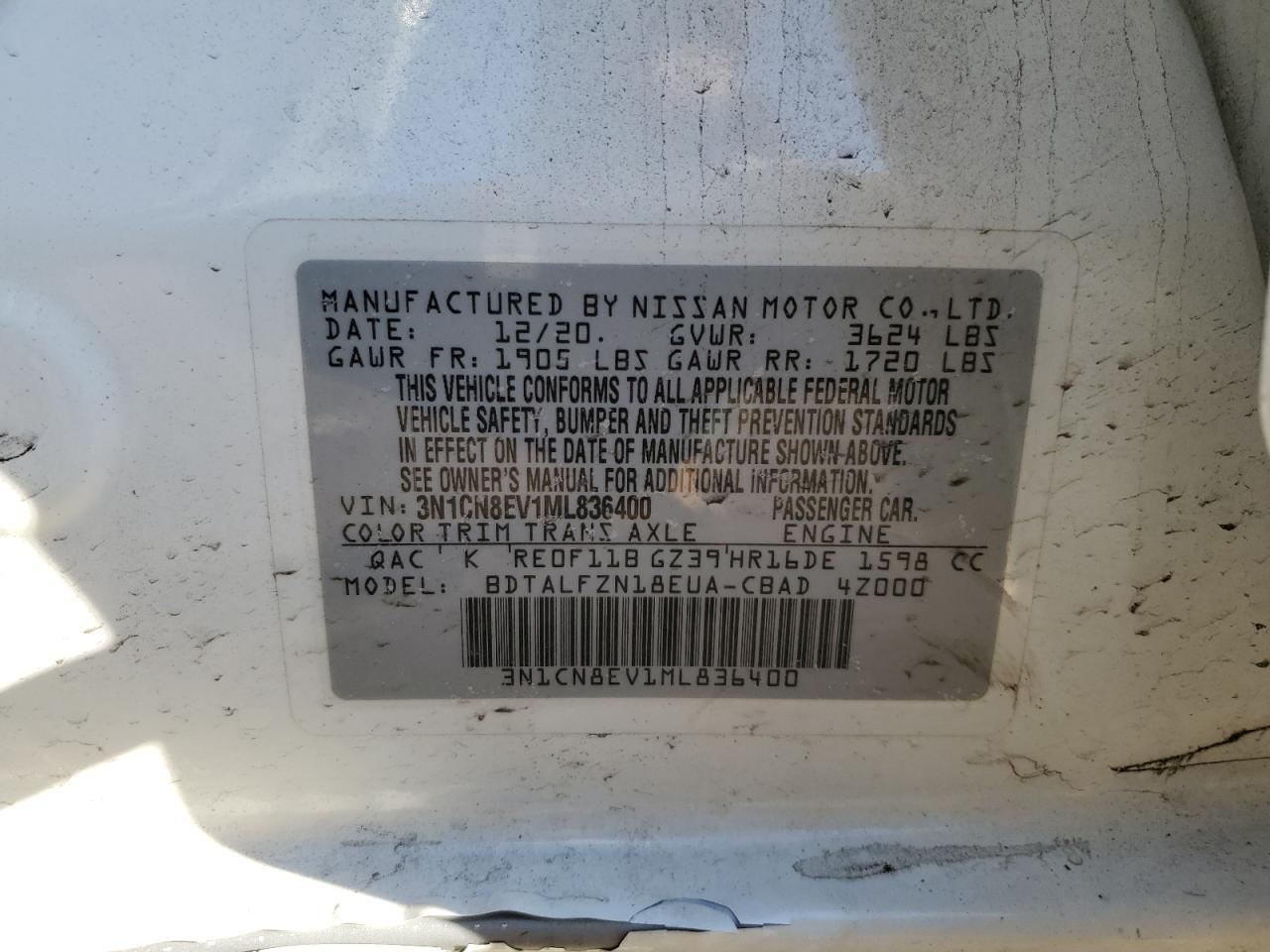 2021 Nissan Versa VIN 3N1CN8EV1ML836400 Copart auction photo, all over damage thumbnail 13