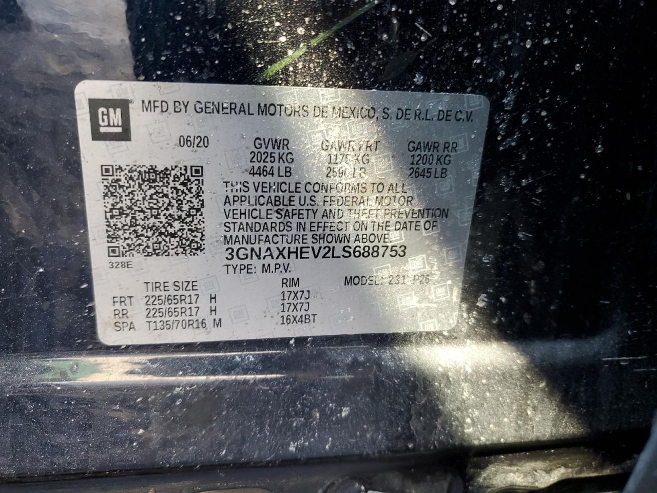 2020 Chevrolet Equinox VIN 3GNAXHEV2LS688753 Copart auction photo, front end / side damage thumbnail 16
