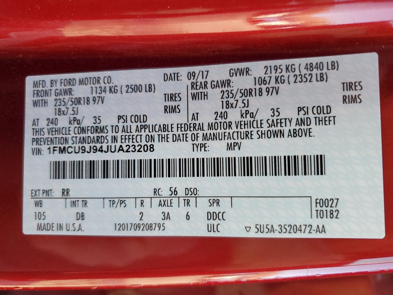 2018 Ford Escape VIN 1FMCU9J94JUA23208 Copart auction photo, front end damage thumbnail 14