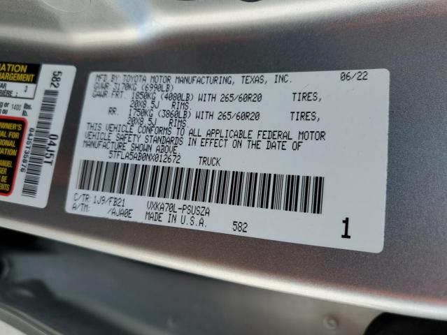 2022 Toyota Tundra VIN 5TFLA5AB0NX012672 Copart auction photo, front end damage thumbnail 12
