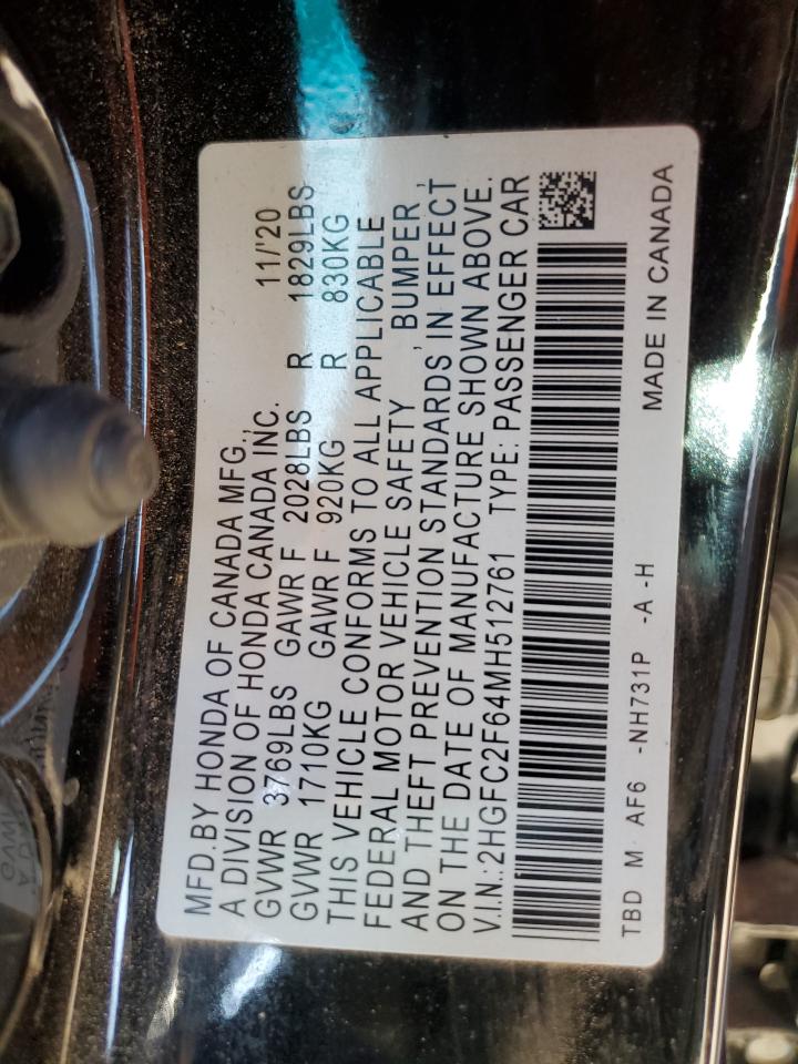 2021 Honda Civic VIN 2HGFC2F64MH512761 Copart auction photo, side / rear end damage thumbnail 12