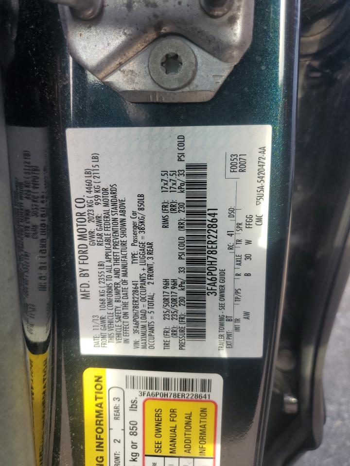 2014 Ford Fusion VIN 3FA6P0H78ER228641 Copart auction photo, side / front end damage thumbnail 12