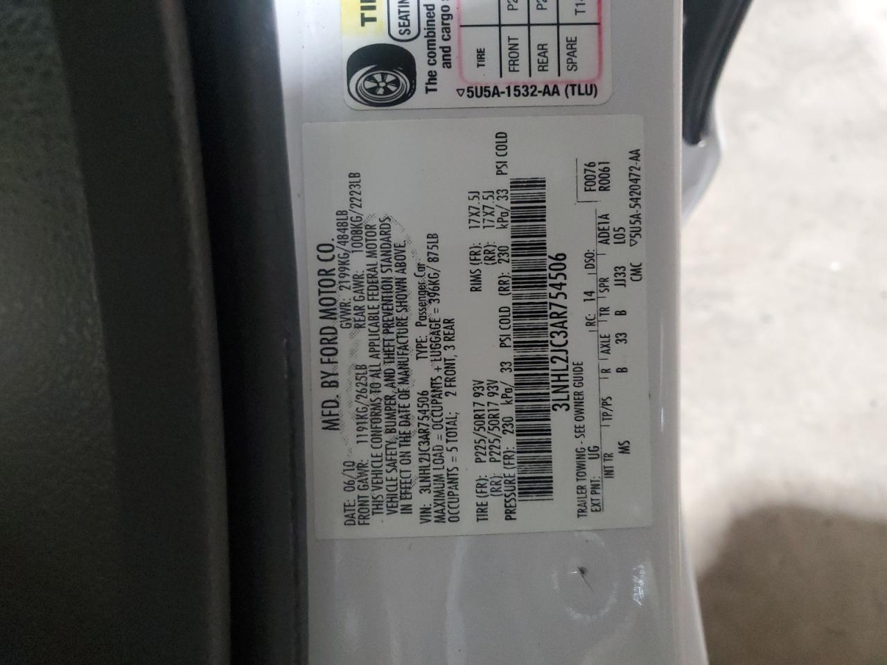 2010 Lincoln MKZ VIN 3LNHL2JC3AR754506 Copart auction photo, front end damage thumbnail 12